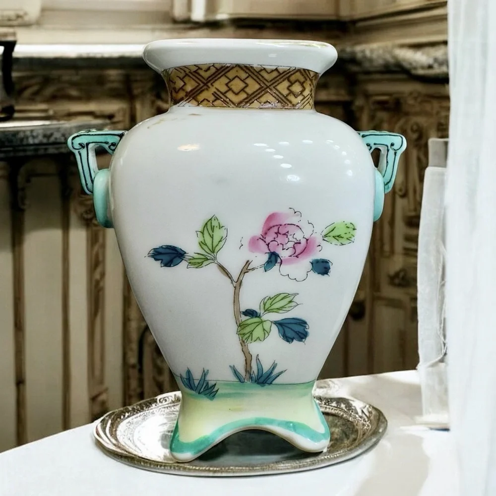 Rare Antique Nippon Porcelain Hand Painted Dual Handle Vase